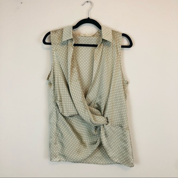 Promesa Tops - Promesa | Light Green Silky Polka Dot Knot Front Sleeveless Blouse Size Large